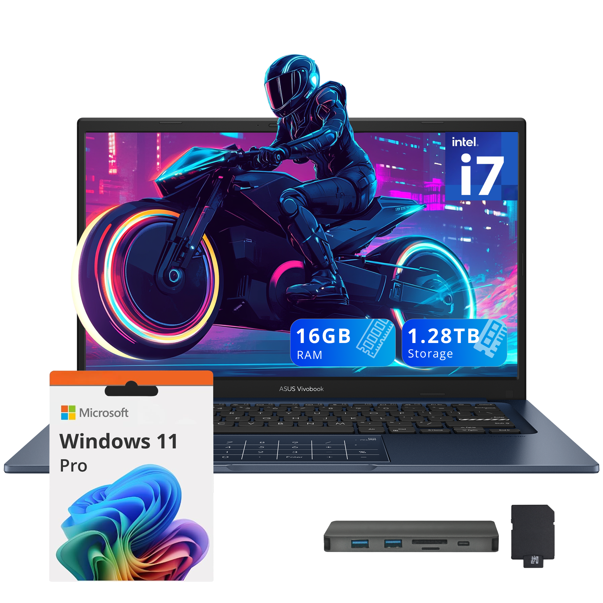 ASUS Vivobook 14" FHD Business Laptop, Intel i7-1355U, 16GB RAM, 1.28TB Storage(1TB SSD+288GB Docking Station Set),Intel UHD Graphics, Number Pad, Wi-Fi 5, Win 11 Pro, Quiet Blue