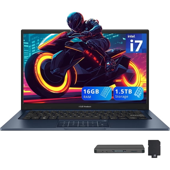 ASUS Vivobook 14" FHD Business Laptop, Intel i7-1355U, 16GB RAM, 1.5TB Storage(512GB SSD+1TB Docking Station Set), Intel UHD Graphics, Anti Glare Coating, Windows 11 Pro, Blue