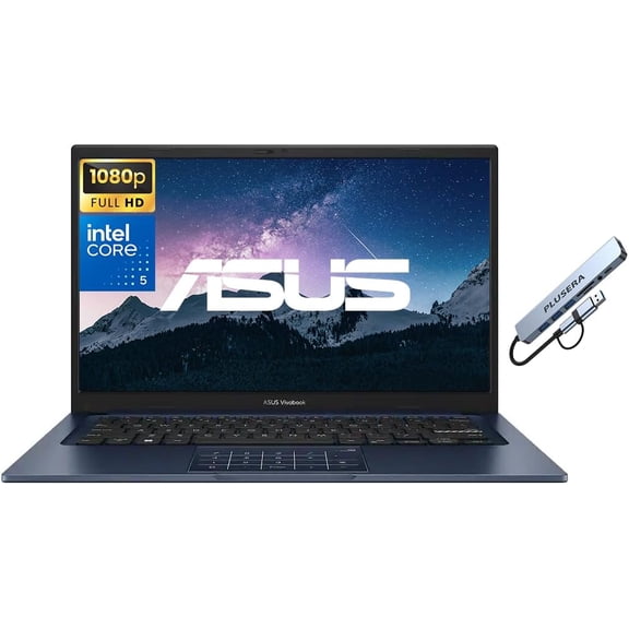 ASUS Vivobook 14" FHD Business & Student Laptop Computer, 10-Core Intel Core 5 120U Processor, 8GB RAM 256GB SSD, Windows 11, PLUSERA 8-in-1 Hub Included, Quiet Blue