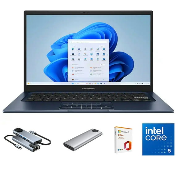 ASUS Vivobook 14" FHD Laptop for Student Business Home School, Intel Core 5 120U, 8GB RAM 256GB SSD, Numeric Keypad, w/ Mytrix 6-in-1 Hub, MS Office 21 Lifetime, 128GB External SSD, Windows 11
