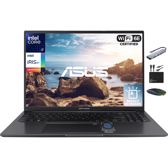 ASUS Vivobook 16” Business Laptop Computer with Lifetime MS Office, 13th Gen Intel i7, 12GB RAM, 756GB Storage (256GB SSD+500GB Ext), Privacy Cam, Backlit Keyboard, Fingerprint Reader, Windows 11 Pro