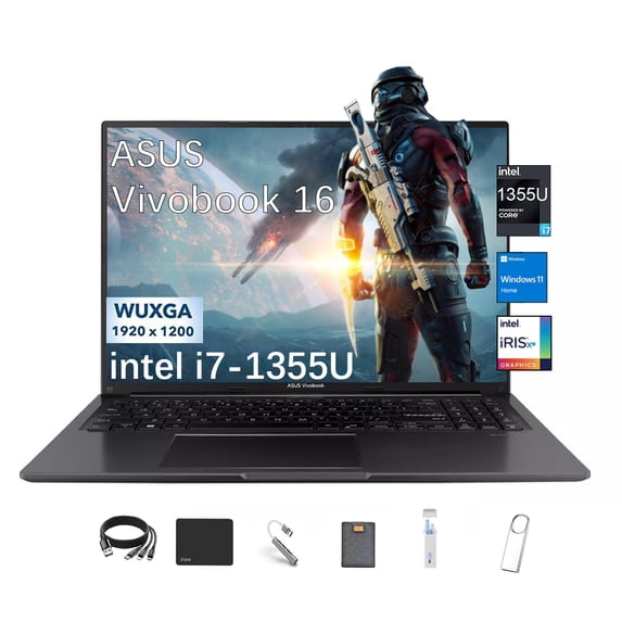 ASUS Vivobook 16" Laptop 0.78"Ultra-Thin, WUXGA FHD+ (1920 x 1200) Display, Intel Core i7-1355U Processor, Intel Iris Xe Graphics, 16GB RAM, 1TB SSD, Windows 11,Black with 5AVE 6-In-1 Accessory Kit