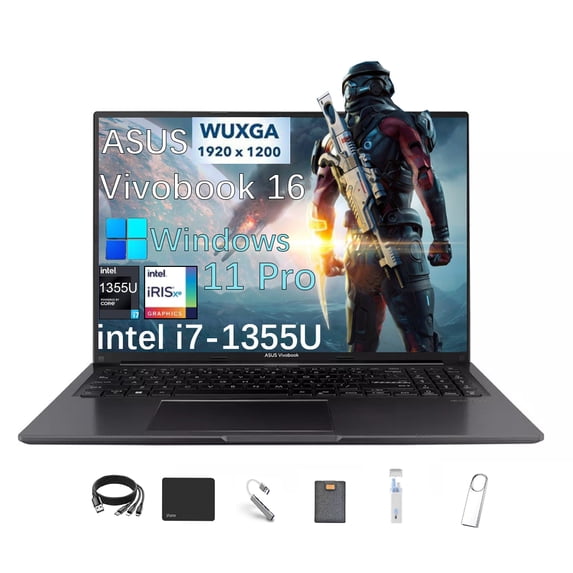 ASUS Vivobook 16" Laptop 0.78"Ultra-Thin, WUXGA FHD+ (1920 x 1200) Display, Intel Core i7-1355U Processor, Intel Iris Xe Graphics, 40GB RAM, 2TB SSD, Windows 11 Pro,with 5AVE 6-In-1 Accessory Kit