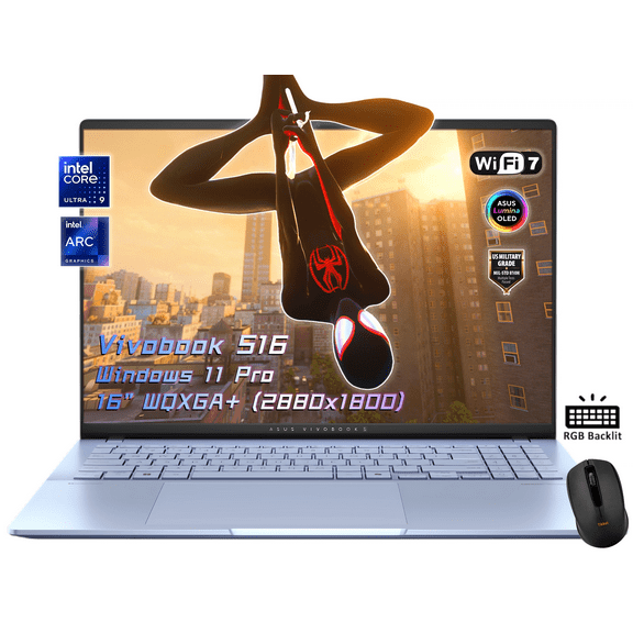 ASUS Vivobook 16" OLED WQXGA+(2880x1800) Slim Laptop, Intel Core Ultra9 285H, Wi-Fi 7, RGB Backlit KB, 2x Thunderbolt 4, FHD Webcam, Windows 11Pro, Wireless Mouse