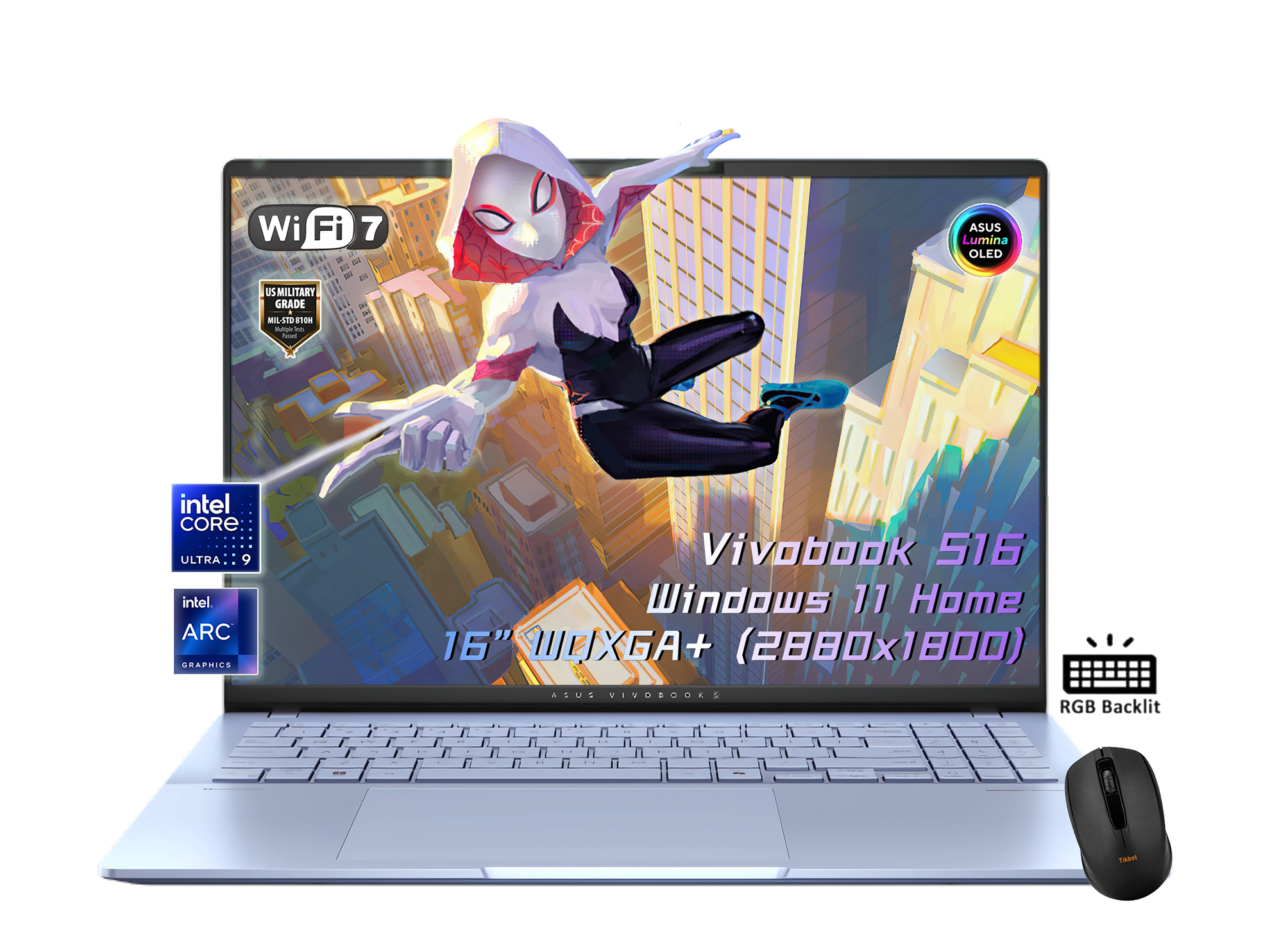 ASUS Vivobook 16" OLED WQXGA+(2880x1800) Slim Laptop, Intel Core Ultra9 285H, Wi-Fi 7, RGB Backlit KB, 2x Thunderbolt 4, FHD Webcam, win11, Wireless Mouse