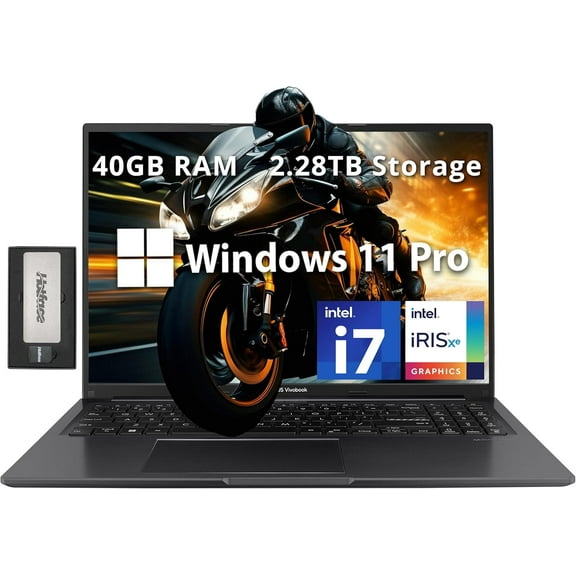 ASUS Vivobook 16" WUXGA Laptop, Intel i7-1355U, 40GB RAM, 2.28TB Storage(2TB SSD+288GB Docking Station Set), Intel Iris Xe Graphics, 720p HD Camera, WiFi 5, Number Pad, Windows 11 Pro, Black