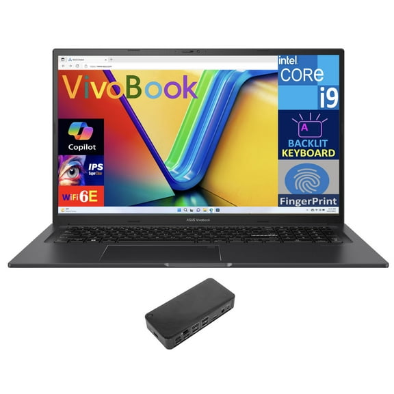 ASUS Vivobook Laptop 17.3in IPS FHD Display (Intel i9-13900H, 16GB DDR4, 2TB PCIe SSD, Intel Iris Xe, Backlit KB, Fingerprint, WiFi 6E, Webcam, Bluetooth 5.3, Win 11 Pro) w/USB-C Dock