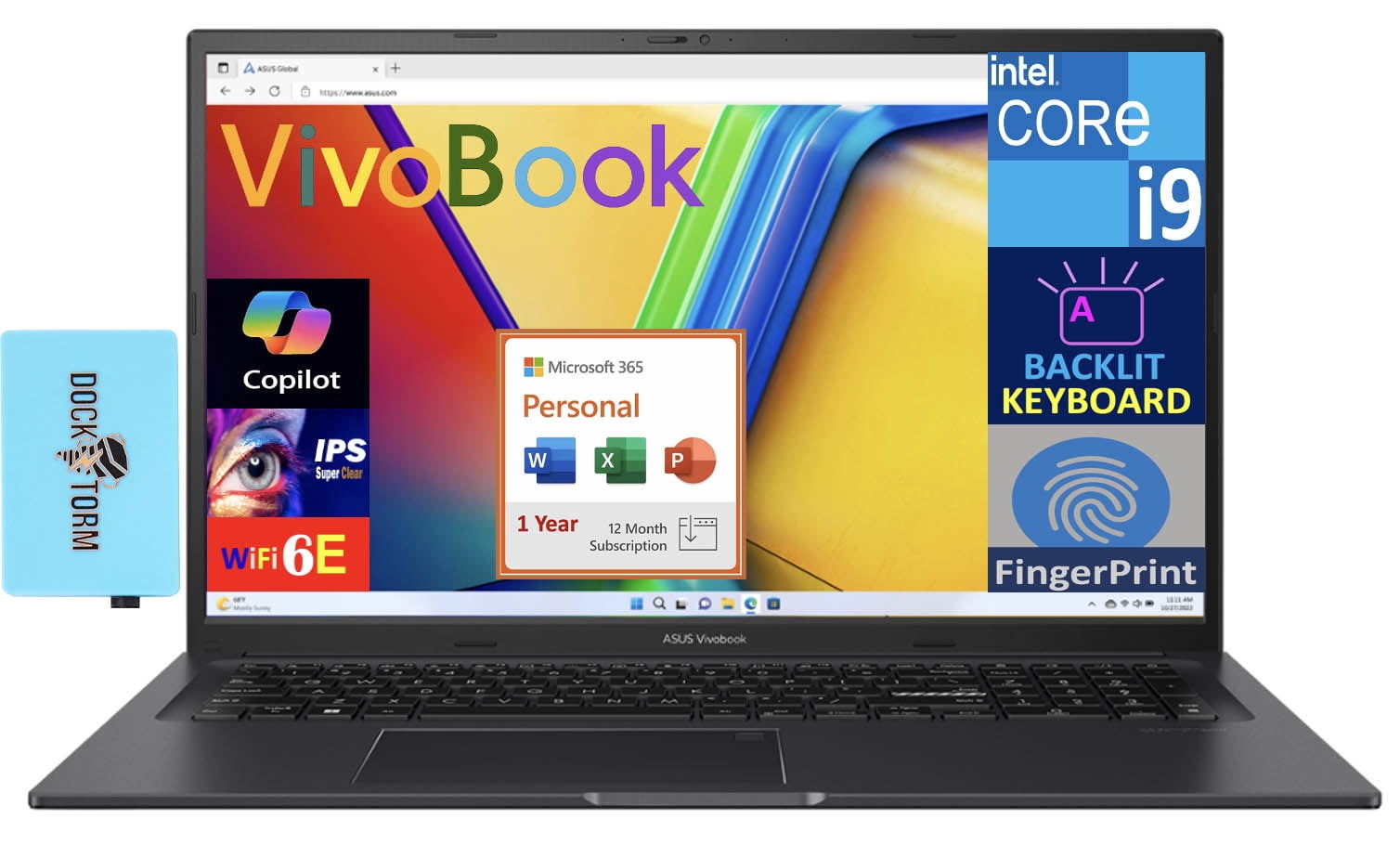 ASUS Vivobook Laptop 17.3in IPS FHD Display (Intel i9-13900H, 16GB DDR4, 4TB PCIe SSD, Intel Iris Xe, Backlit KB, Fingerprint, WiFi 6E, Win 11 Home) w/Microsoft 365 Personal , DKZ USB Port Expander