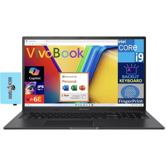 ASUS Vivobook Laptop 17.3in IPS FHD Display (Intel i9-13900H, 16GB DDR4, 8TB PCIe SSD, Intel Iris Xe, Backlit KB, Fingerprint, WiFi 6E, Win 11 Home) w/Microsoft 365 Personal , DKZ USB Port Expander