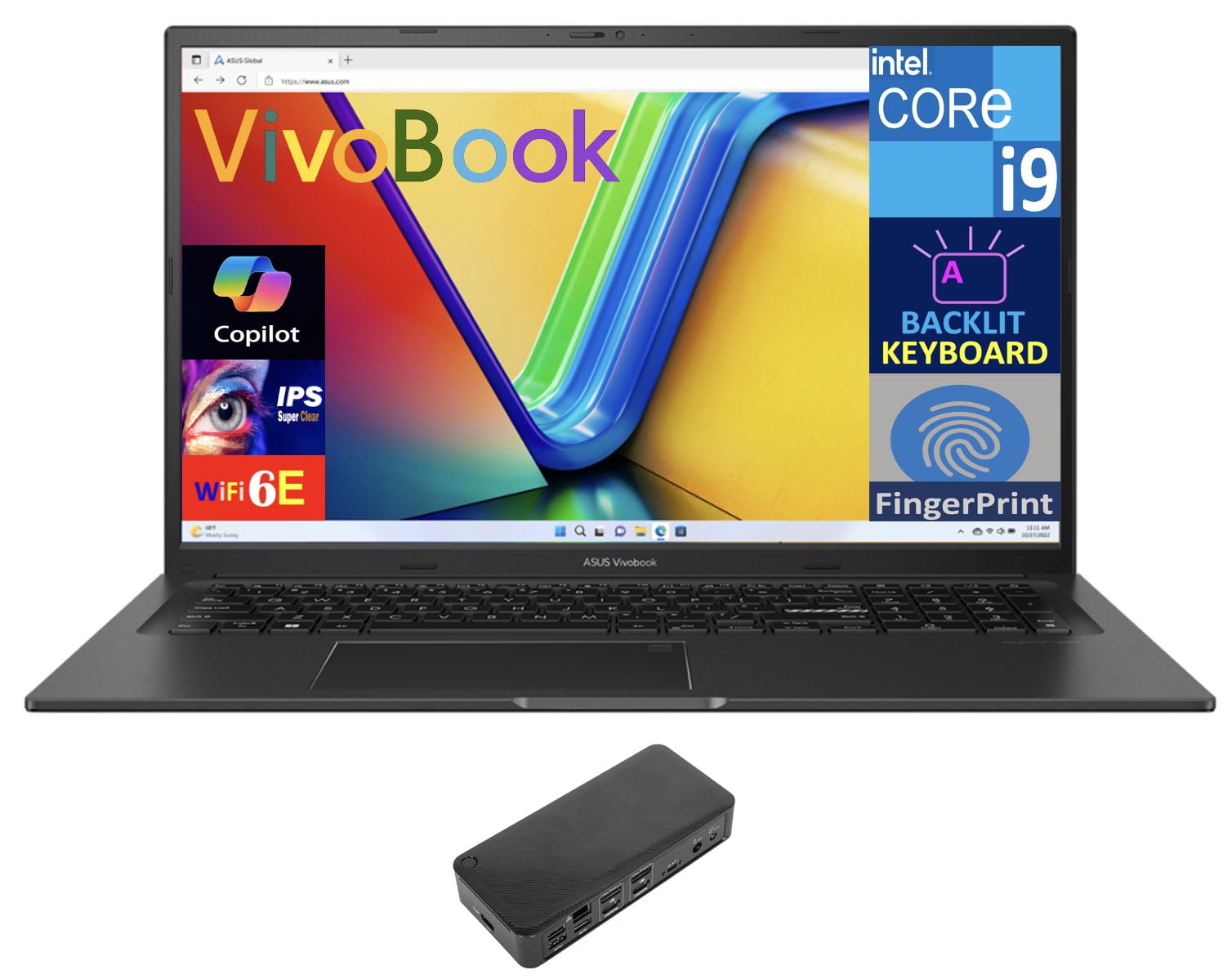 ASUS Vivobook Laptop 17.3in IPS FHD Display (Intel i9-13900H, 24GB DDR4, 4TB PCIe SSD, Intel Iris Xe, Backlit KB, Fingerprint, WiFi 6E, Webcam, Bluetooth 5.3, Win 11 Pro) w/USB-C Dock