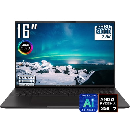 ASUS Vivobook S16 AI Laptop, 16" 3K 2880 x 1800 OLED 120Hz Display, AMD Ryzen AI 7 350, WiFi 6E, Backlit KB, FHD IR Webcam, Win 11 Home(16GB DDR5 RAM | 512GB SSD)