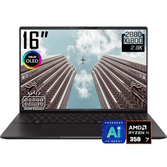 ASUS Vivobook S16 AI Laptop, 16" 3K 2880 x 1800 OLED 120Hz Display, AMD Ryzen AI 7 350, WiFi 6E, Backlit KB, FHD IR Webcam, Win 11 Home(16GB DDR5 RAM / 512GB SSD)