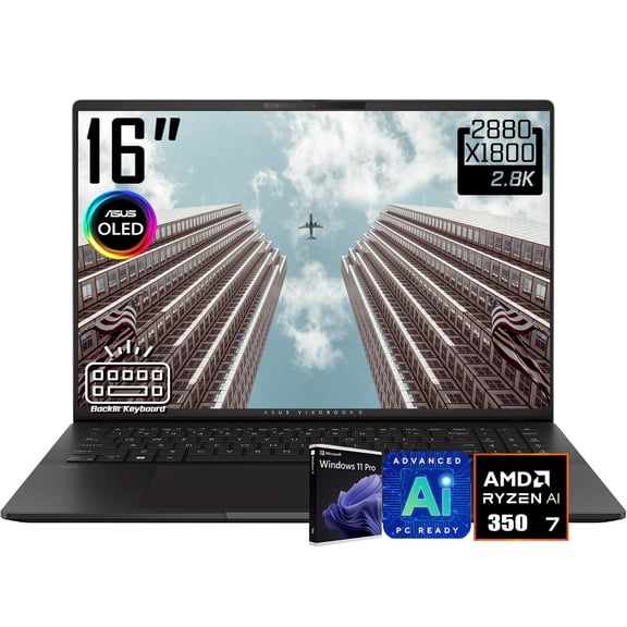 ASUS Vivobook S16 AI Laptop, 16" 3K 2880 x 1800 OLED 120Hz Display, AMD Ryzen AI 7 350, WiFi 6E, Backlit KB, FHD IR Webcam, Win 11 Pro(16GB DDR5 RAM / 1TB SSD)