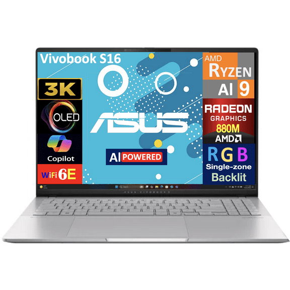 ASUS Vivobook S16 AI Powered Laptop 16.0in OLED 3.2K Display (AMD Ryzen AI 9 365, 32GB LPDDR5X, 1TB SSD, AMD Radeon 880M, RGB KB, WiFi 6E, Webcam, Bluetooth 5.4, Win 11 Home)