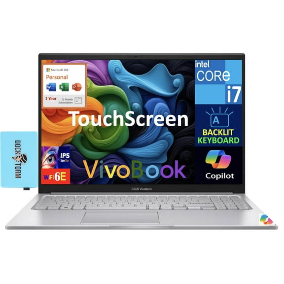 ASUS Vivobook Student & Business Laptop 15.6in Touchscreen IPS FHD Display (Intel i7-1355U, 40GB DDR4, 4TB PCIe SSD, Intel Iris Xe, Win 11 Pro) w/Microsoft 365 Personal , DKZ USB Port Expander