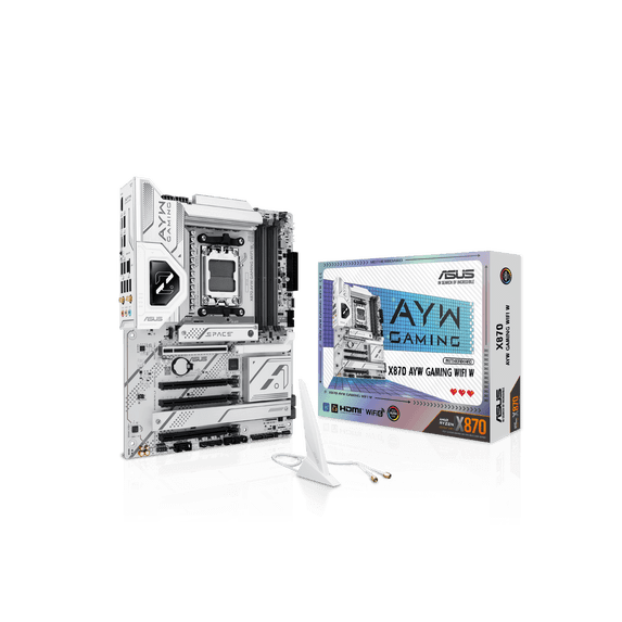 ASUS X870 AYW GAMING WIFI W AMD X870 AM5 ATX motherboard, 12+2+1 80A DrMOS power stages, DDR5, PCIe 5.0 Ready, PCIe 5.0 x16, 3x M.2, Wi-Fi 6, 2.5Gb LAN, HDMI, USB4, USB 20Gbps Type-C, Aura Sync