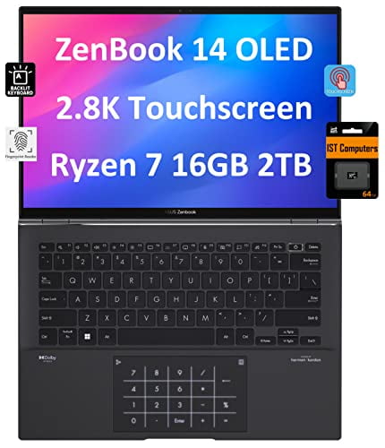 ASUS ZenBook Pro 14 OLED UM3402 14" QHD+ Touchscreen (AMD Ryzen 7-5825U, 16GB RAM, 2TB SSD, 8-Core (Beats i7-1165G7)) Business Laptop, Backlit, Fingerprint, 19 Hr Battery, IST SD Card, Win 11 Pro