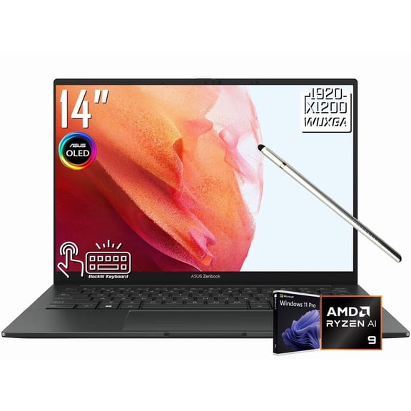 ASUS Zenbook 14 AI Laptop, 14" 2K 1920 x 1200 OLED Touchscreen, AMD Ryzen AI 9 465, WiFi 6E, Backlit KB, FHD IR Webcam, Stylus Pen, Win 11 Pro (16GB DDR5 RAM + 1TB SSD)