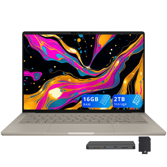 ASUS Zenbook 14" FHD+ OLED Laptop, Snapdragon X Plus X1P-42-100, 16GB LPDDR5X, 2TB Storage (1TB SSD+1TB Dock Station), Backlit Keyboard, Copilot+ PC, FHD IR Camera, Win 11, Zabriskie Beige