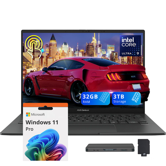 ASUS Zenbook 14" OLED Touch Laptop, Intel Core Ultra 9 285H, 32GB RAM, 3TB Storage(2TB SSD+1TB Docking Station Set), Intel Arc Graphics, Wi-Fi 7, Backlit Keyboard, Copilot, Win 11 Pro, Gray