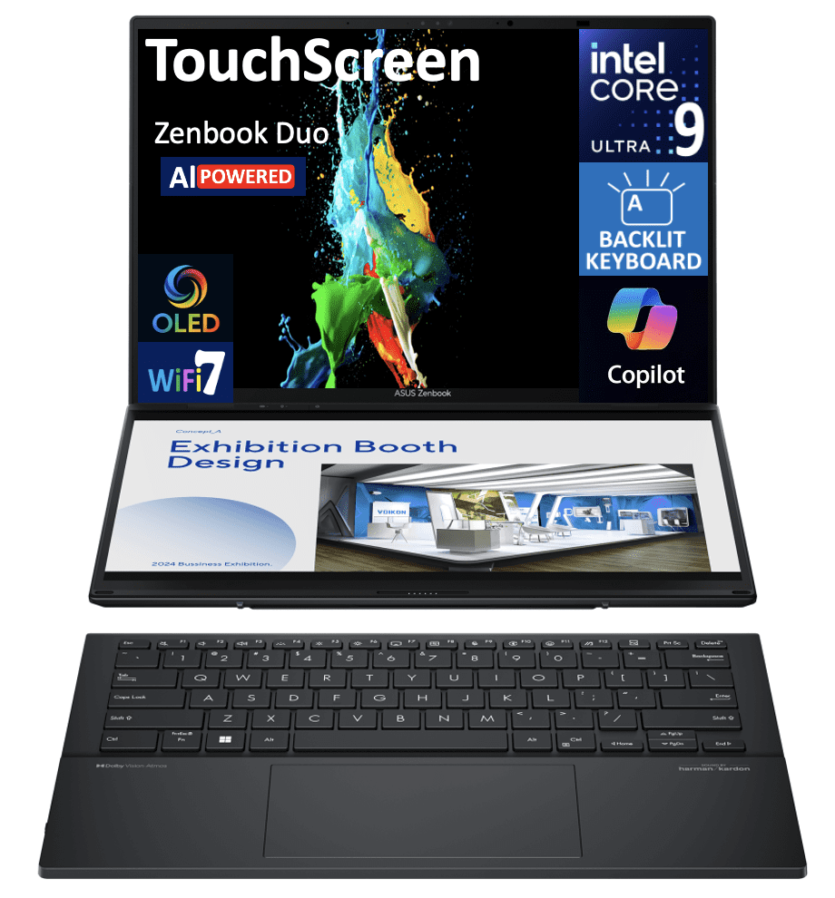 ASUS Zenbook DUO AI Powered 2-in-1 Laptop 14.0in Touchscreen OLED WUXGA Display (Intel Ultra 9-285H, 32GB LPDDR5X, 4TB PCIe SSD, Backlit KB, 2 Thunderbolt 4, WiFi 7, Webcam, Bluetooth 5.4, Win 11 Pro)