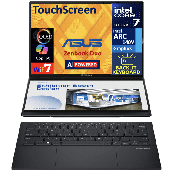 ASUS Zenbook Duo AI Powered 2-in-1 Laptop 14.0in Touchscreen OLED 2.8K Display (Intel Ultra 7-255H, 32GB LPDDR5X, 2TB PCIe SSD, Backlit KB, 2 Thunderbolt 4, WiFi 7, Webcam, Bluetooth 5.4, Win 11 Home)