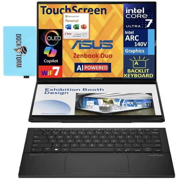 ASUS Zenbook Duo AI Powered 2-in-1 Laptop 14.0in Touchscreen OLED 2.8K Display (Intel Ultra 7-255H, 32GB LPDDR5X, 2TB PCIe SSD, Backlit KB, Win 11 Pro) w/Microsoft 365 Personal , DKZ USB Port Expander