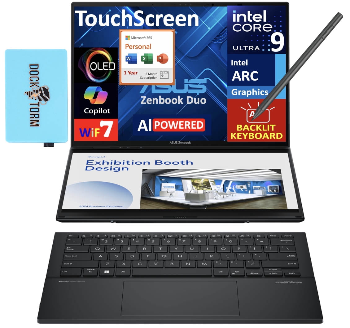 ASUS Zenbook Duo AI Powered 2-in-1 Laptop 14.0in Touchscreen OLED 2.8K Display (Intel Ultra 9-285H, 32GB LPDDR5X, 1TB PCIe SSD, Active Pen, Win 11 Pro) w/Microsoft 365 Personal , DKZ USB Port Expander