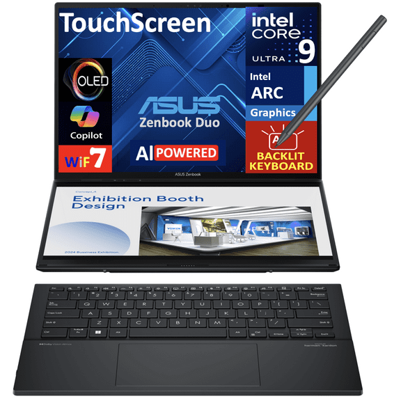 ASUS Zenbook Duo AI Powered 2-in-1 Laptop 14.0in Touchscreen OLED 2.8K Display (Intel Ultra 9-285H, 32GB LPDDR5X, 2TB PCIe SSD, Active Pen, Backlit KB, 2 Thunderbolt 4, WiFi 7, Webcam, Win 11 Home)