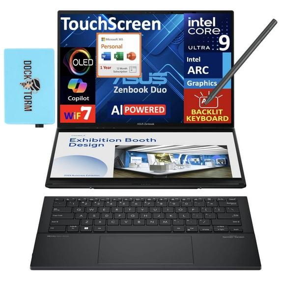 ASUS Zenbook Duo AI Powered 2-in-1 Laptop 14.0in Touchscreen OLED 2.8K Display (Intel Ultra 9-285H, 32GB LPDDR5X, 2TB PCIe SSD, Active Pen, Win 11 Pro) w/Microsoft 365 Personal , DKZ USB Port Expander