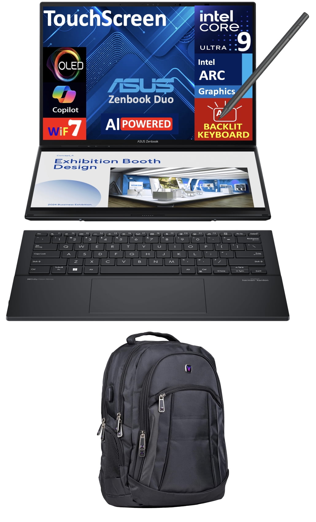 ASUS Zenbook Duo AI Powered 2-in-1 Laptop 14.0in Touchscreen OLED 2.8K Display (Intel Ultra 9-285H, 32GB LPDDR5X, 4TB PCIe SSD, Active Pen, Backlit KB, 2 Thunderbolt 4, Win 11 Home) w/Premium Backpack