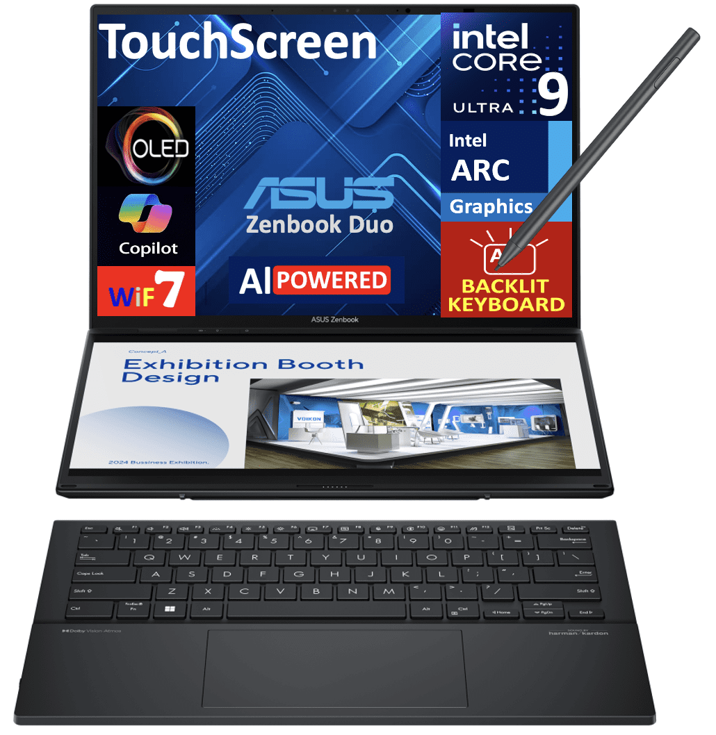 ASUS Zenbook Duo AI Powered 2-in-1 Laptop 14.0in Touchscreen OLED 2.8K Display (Intel Ultra 9-285H, 32GB LPDDR5X, 4TB PCIe SSD, Active Pen, Backlit KB, 2 Thunderbolt 4, WiFi 7, Webcam, Win 11 Home)