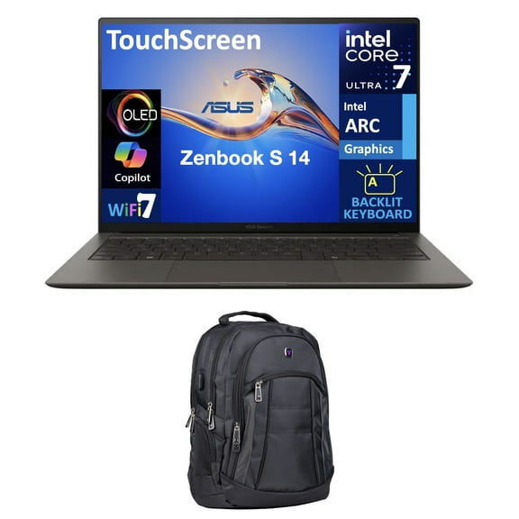 ASUS Zenbook S 14 AI PC Laptop 14.0in Touchscreen OLED 2.8K Display (Intel Ultra 7-258V, 32GB LPDDR5X, 1TB SSD, Intel Arc, Backlit KB, 2 Thunderbolt 4, WiFi 7, Webcam, Win 11 Home) w/Premium Backpack