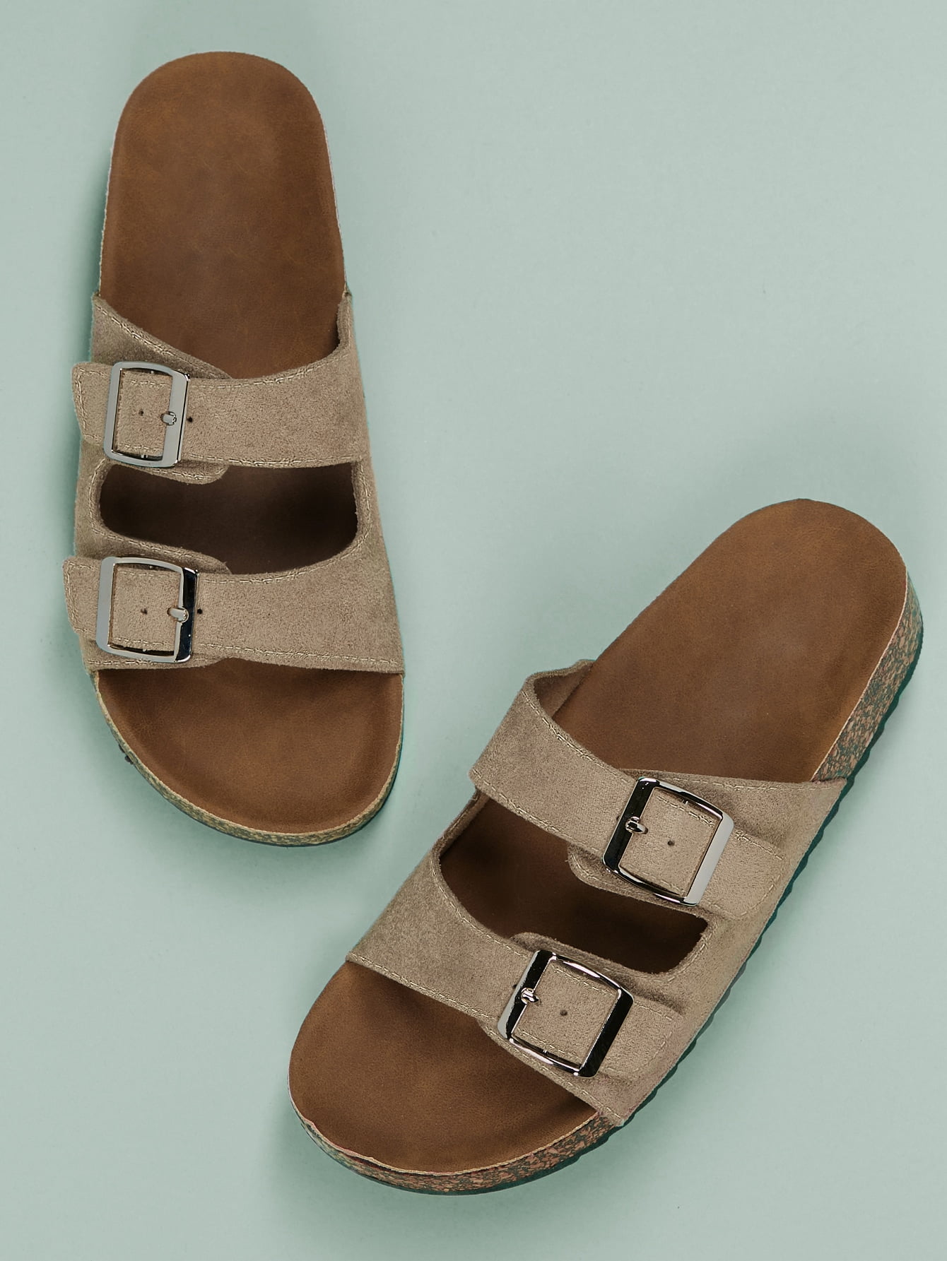 ASWMXR Double Buckle Cork Footbed Slide Sandals