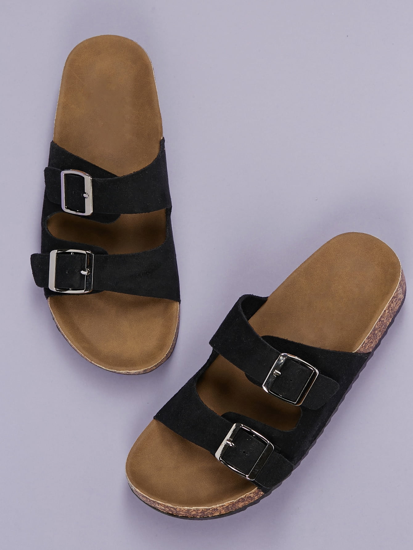 ASWMXR Double Buckle Cork Footbed Slide Sandals