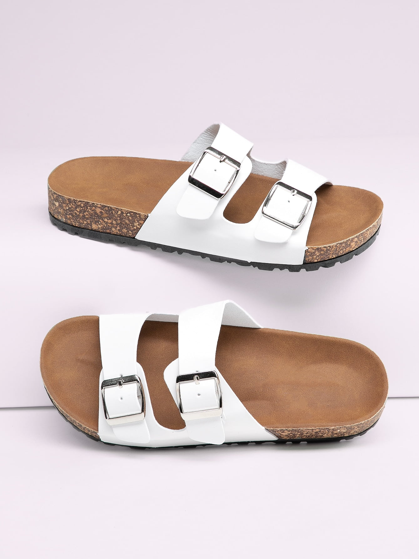 ASWMXR Double Buckle Cork Footbed Slide Sandals