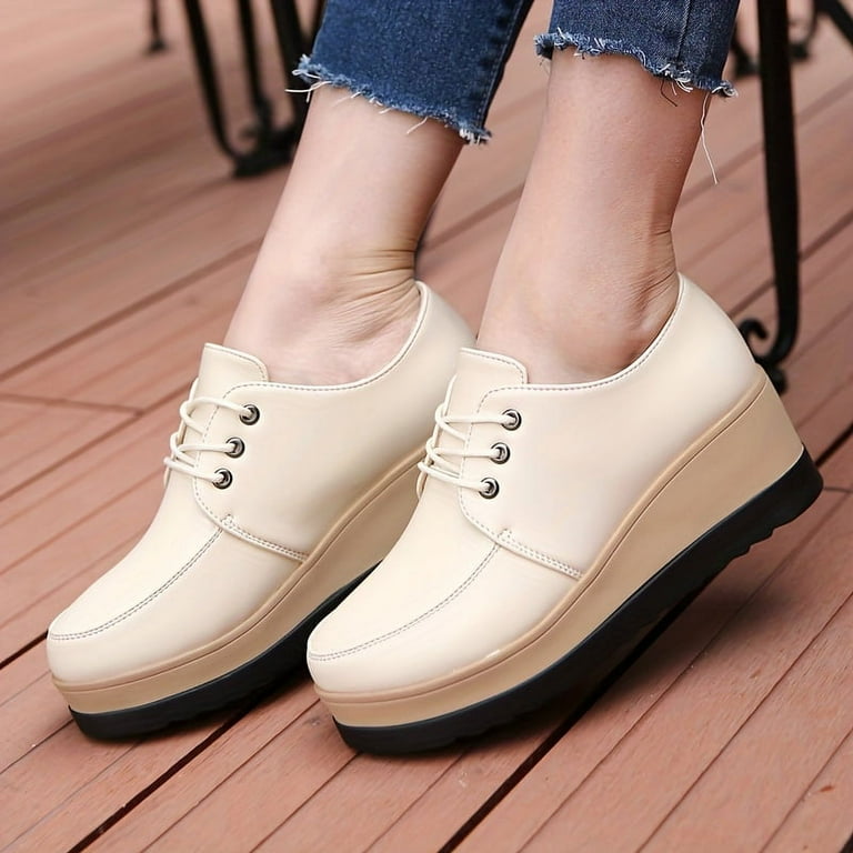ASWMXR Women s Casual Wedge Oxfords Round Toe Lace Up Platform Shoes All Match Low Top Outdoor Shoes Walmart