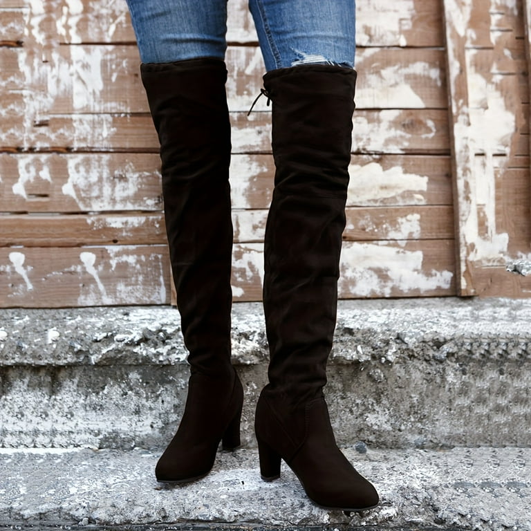 ASWMXR Women s Over The Knee Boots Drawstring Stretch Pull On Block High Heels Fashion Comfortable Long Boots Walmart