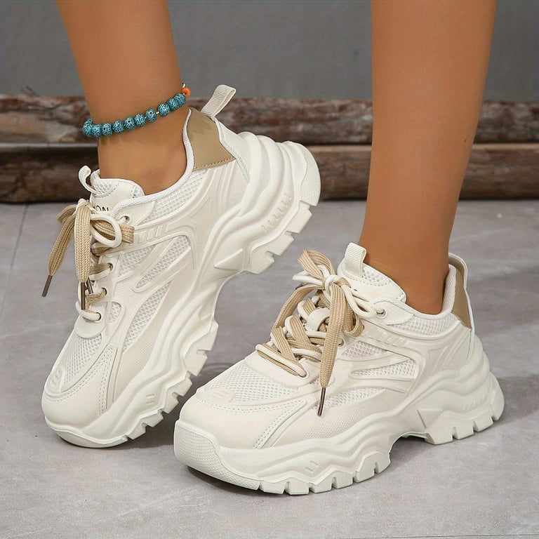 ASWMXR Women s Solid Color Casual Sneakers Lace Up Low top Round Toe Heightening Outdoor Trainers Versatile Comfy Shoes