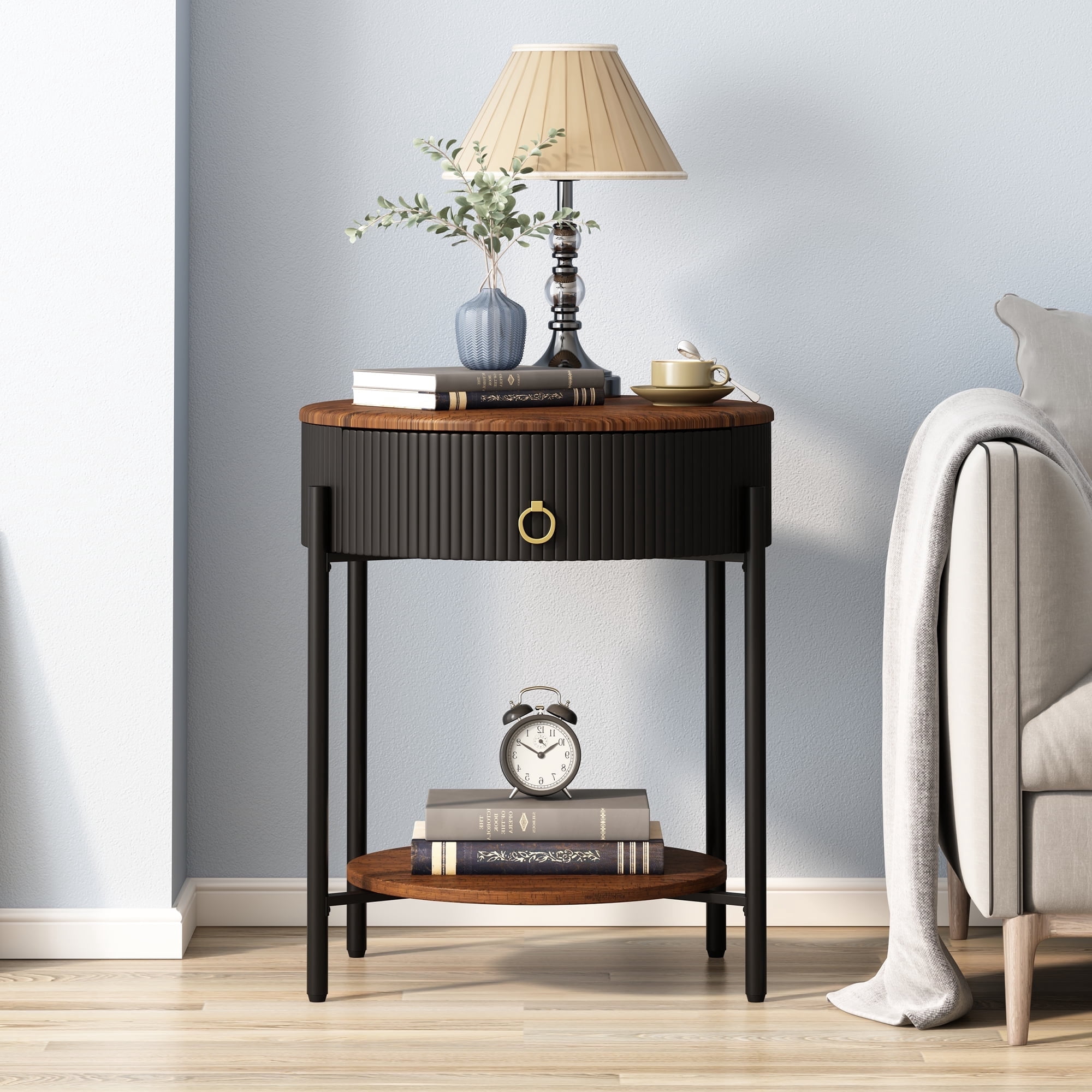 ASYA Black Metal End Table with Drawer, 2-Tier Wooden Nightstand, Round Side Table for Living Room Bedroom, 23.6'' H