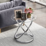 ASYA Glass Round End Table, Tea Table Accent Side Table for Living Room, Small Nightstand for Bedroom Office, Chrome