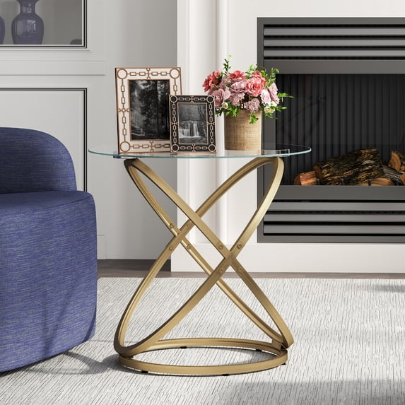 ASYA Gold End Table, Glass Accent Side Table for Living Room, Small Round Nightstand for Bedroom