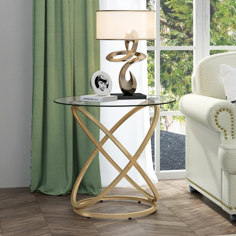 Asya Gold End Table Glass Accent Side Table for Living Room Small Round Nightstand for Bedroom Size 26 Large x 26 Wx 24.2 H