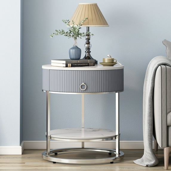 ASYA Gray End Table with Drawer, 21.65’’ Sofa Side Table, 2-Tier Round Nightstand for Bedroom, Marbling Natural Stone & Chrome