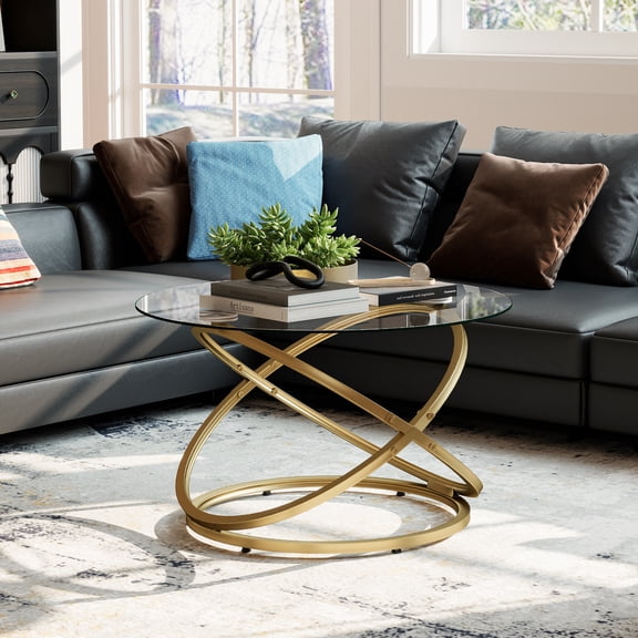 ASYA Modern Glass Coffee Table, 32'' Round Center Table with Metal Frame, Gold Accent Table for Living Room Office