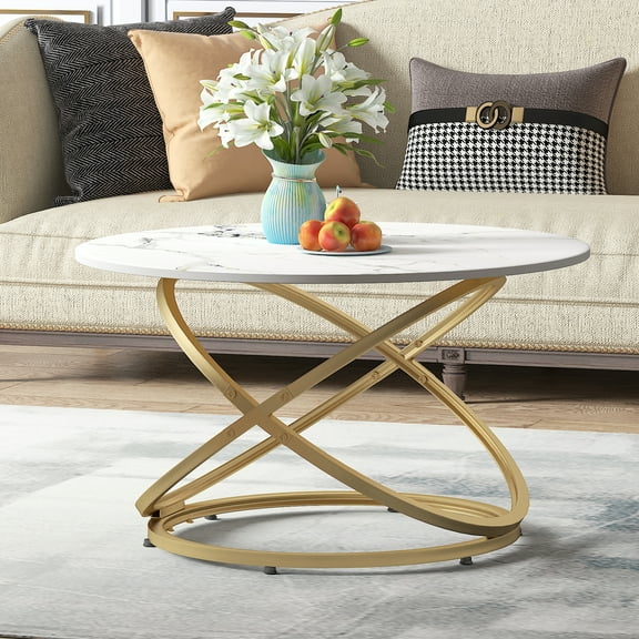 ASYA Modern White Coffee Table, 32'' Round Metal Center Table for Living Room, Marbling Natural Stone Top