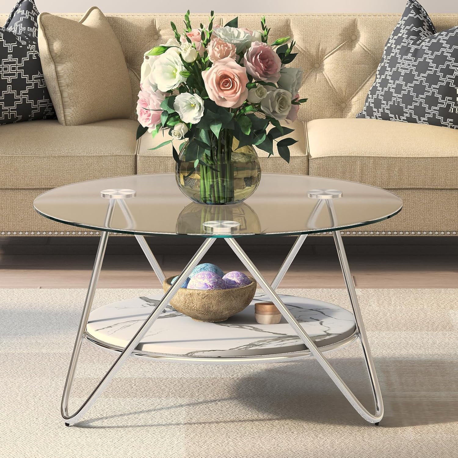 ASYA Round Coffee Table with Storage, 2-Tier Glass Coffee Table for ...
