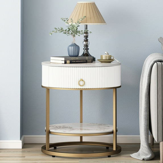 ASYA White End Table with Drawer, 2-Tier Sofa Side Table, 21.65’’Round Nightstand for Bedroom, Metal & Stone