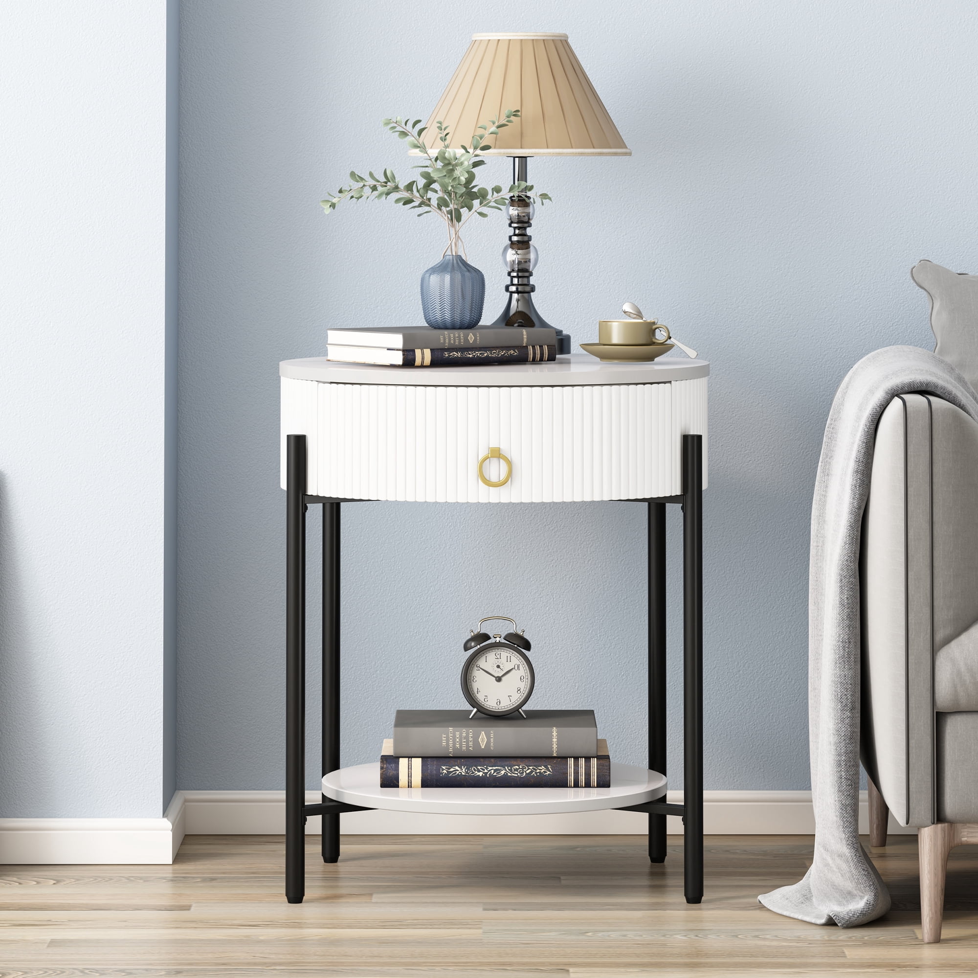 ASYA White Round End Table with Drawer, Metal Side Table with Storage ...
