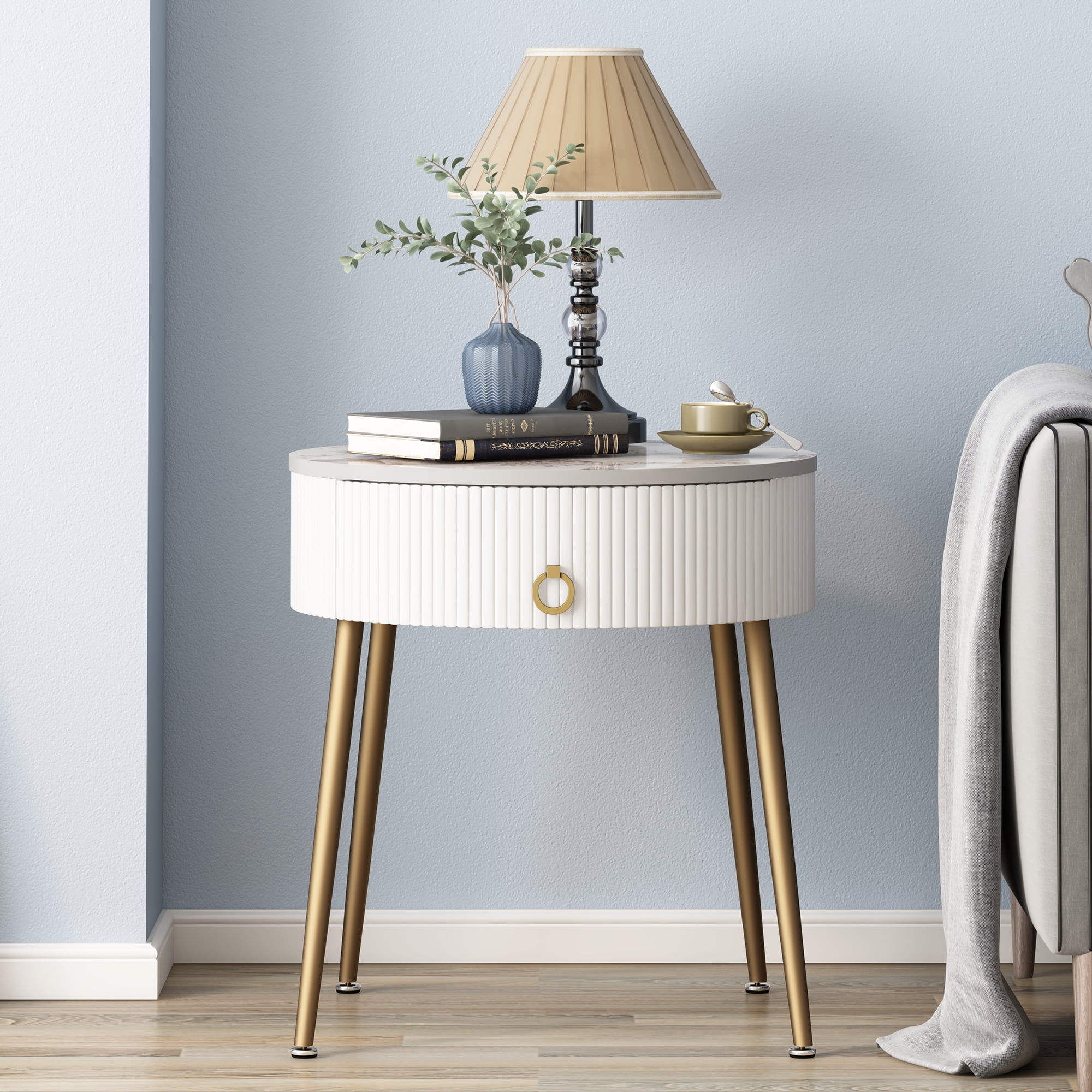 ASYA White Round End Table with Drawer, Side Table Nightstand with